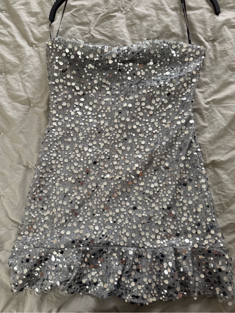 Forever 21 Silver Sequin Strapless Mini Dress with Ruffle Hem
